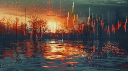 Wall Mural - A graph superimposed over a flooded landscape, showing the historical trend of rising sea levels.