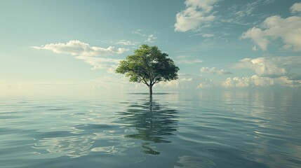 Poster - A single tree stands strong in a vast flooded expanse, embodying resilience through transformation.