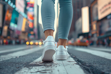 Close-up on woman's white sneakers on city street.