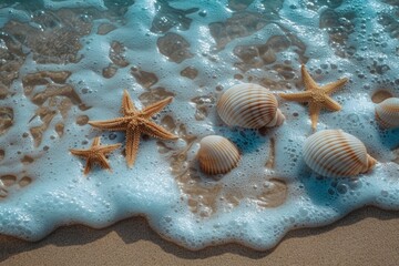 Wall Mural - A beach scene with a starfish and a few shells