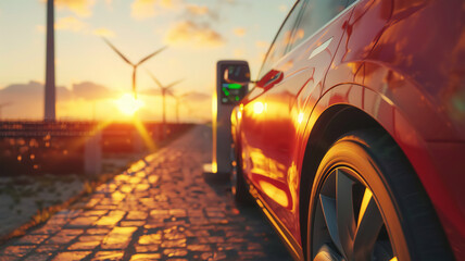 A sustainable energy concept with an electric car on a charging station, solar panels and a windmill in the background. Generative AI