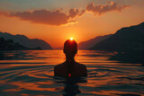 Fototapeta  - Back View of Unrecognizable Female Silhouette Standing in Rippling Sea Water Enjoying Sunset Over Mountains