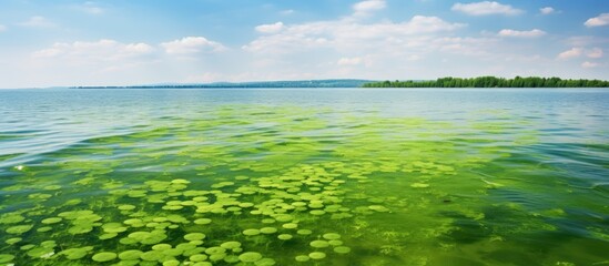 Wall Mural - Tranquil Green Water Reflecting the Serene Beauty of Nature at a Scenic Pond