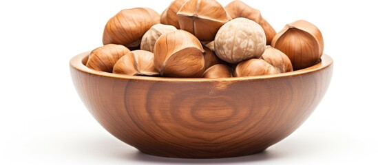 Poster - Rustic Wooden Bowl Overflowing with Assorted Raw Nuts on a Minimalist White Background