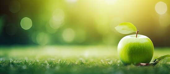 Canvas Print - Fresh Green Apple lying on Garden Grass with Vibrant Background