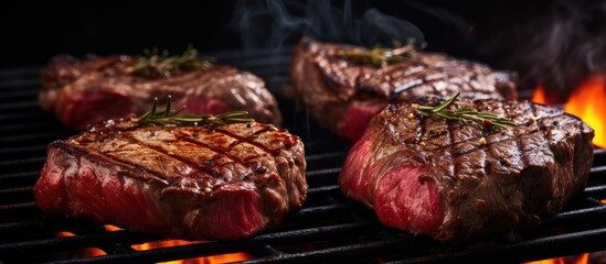 Wall Mural - Flames Flare as Juicy Steaks Sizzle on the Hot Grill, Delicious Barbecue Cooking Outdoors