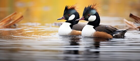 Wall Mural - Serene Avian Pair Gracefully Glide on Calm Water of a Tranquil Pond among Tall Reeds