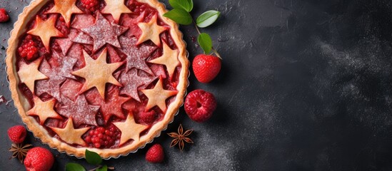 Sticker - Delicious Strawberry and Raspberry Pie on Elegant Dark Background with Copy Space