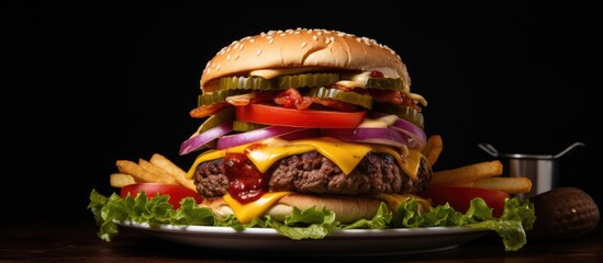 Canvas Print - Delicious Homemade Hamburger with Lettuce and Cheese on a Plate Ready to Eat