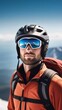 © Anzelika - Man wearing helmet and sunglasses glasses stands confidently before towering mountain backdrop ready for adventure, exploration. He may be gearing up for bicycle ride, some other outdoor activity.