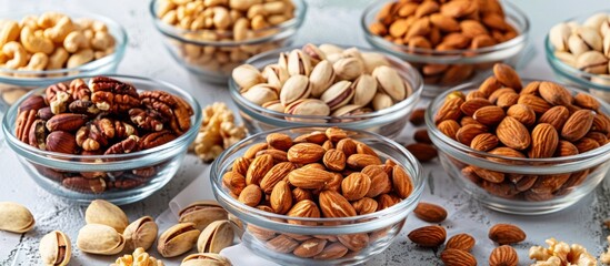 Wall Mural - An assortment of nuts displayed in glass bowls on a wooden table. The variety includes almonds, walnuts, pecans, and cashews.