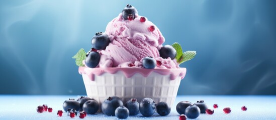 Wall Mural - Indulgent Cup of Ice Cream Topped with Fresh Blueberries and Raspberries