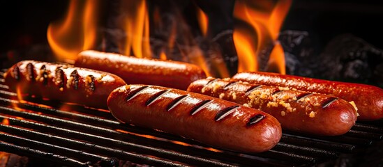 Wall Mural - Sizzling Hot Dog Grilling on Barbecue with Smoke Rising - Delicious BBQ Food Preparation