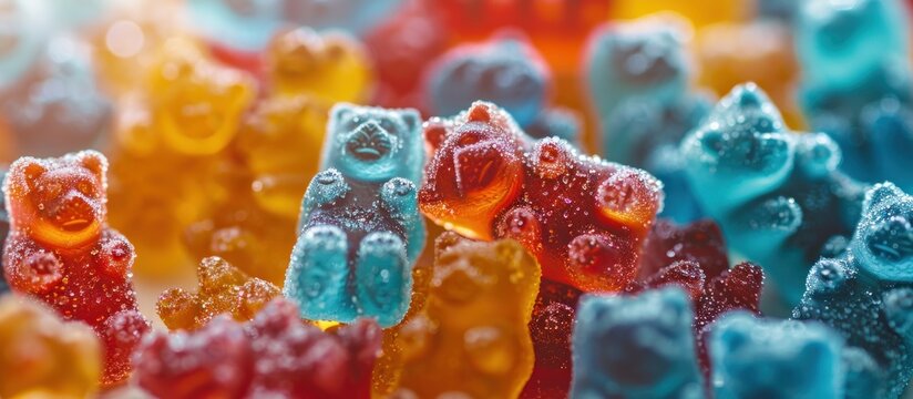 Multiple colorful gummy bears seated closely in a row.