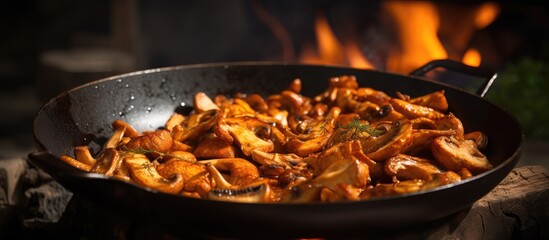 Canvas Print - Sizzling Pan of Delicious Food Cooking on a Modern Stove in a Contemporary Kitchen