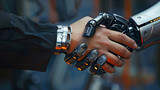 Fototapeta Do akwarium - man hand handshake with cy-ber robot 