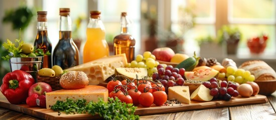 Poster - A wooden table showcasing a diverse array of food items including fruits, vegetables, bread, cheese, and meats.