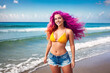 © Aleksei Solovev - A young beautiful smiling girl in a yellow swimsuit with purple hair stands on the sea beach against the backdrop of ocean waves. The wind blows the hairstyle