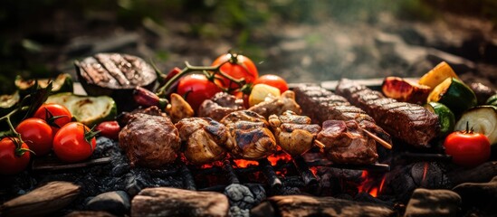 Wall Mural - Sizzling Grill with a Delectable Variety of BBQ Meat and Fresh Vegetables Cooking Outdoors