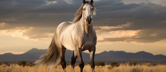 Canvas Print - Majestic White Horse Standing Proud in a Lush Field of Tall Grass