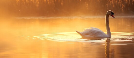 Canvas Print - Graceful Swan Gliding Across Tranquil Lake Waters in Serene Nature Scene