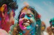 A vibrant group of people joyfully covered in colored powder, creating a whimsical and lively atmosphere.
