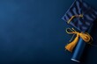 © AiHRG Design - A vibrant blue graduation cap and tassel are elegantly displayed on a matching blue background, symbolizing academic achievement and success.
