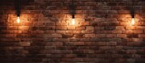 Fototapeta Mapy - A brick wall adorned with three vintage lights, casting a warm glow on the weathered surface. The lights stand out against the rough texture of the wall, creating a unique visual contrast.
