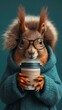 A squirrel wearing glasses and holding a coffee cup. Generative AI.
