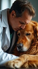 Poster - A man in a white lab coat is hugging a dog. Generative AI.