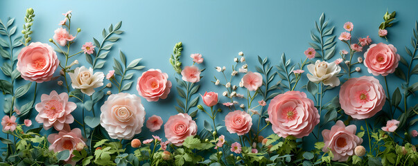 Wall Mural - Border made of pink roses and green leaves on pastel blue background. Decoration for wedding invitation or greeting card for Women's and Valentine's day. Template with copy space