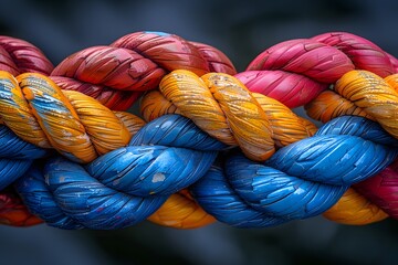 Colorful Rope Knots, Team rope teamwork unity diverse strength connect partnership concept, Strong diverse network rope team concept