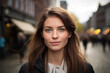 © James - White Beautiful Woman in her 20s or 30s talking head shoulders shot bokeh out of focus background on a cosmopolitan western street vox pop website review or questionnaire candid photo