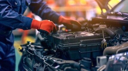 A car mechanic is shown replacing a battery during maintenance, underscoring the routine aspect of vehicle care