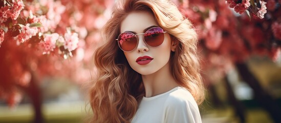 Wall Mural - A young woman with sunglasses on, standing in front of a tree in a park. She looks stylish and confident as she poses for the camera.