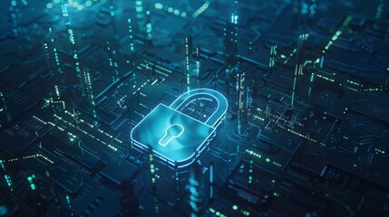 Wall Mural - Cybersecurity padlock hologram over blue circuit board. Network security and data encryption visualization. Technology security concept on electronic circuitry background.