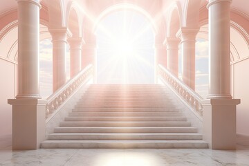 Wall Mural - Marble staircase ascends towards radiant light, stairway to heaven concept