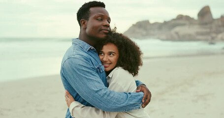 Canvas Print - Love, hug and couple at beach on holiday, vacation or travel for romantic date together. Nature, island and interracial young man and woman embracing by ocean or sea on tropical weekend trip.