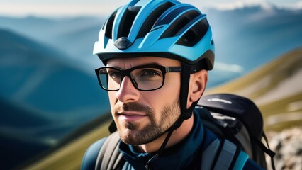 Man wearing helmet and glasses stands confidently before towering mountain backdrop ready for adventure and exploration. He may be gearing up for bicycle ride or some other outdoor activity.