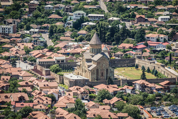 Poster - One of the oldest cities in Georgia - Mtskheta city seen from Holy Cross Monastery of Jvari, Georgia, view with Svetitskhoveli cathedral