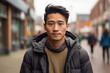 Asian Man in his 20s or 30s talking head shoulders shot bokeh out of focus background on a cosmopolitan western street vox pop website review or questionnaire candid photo