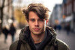A White Man in his 20s or 30s talking head shoulders shot bokeh out of focus background on a cosmopolitan western street vox pop website review or questionnaire candid photo