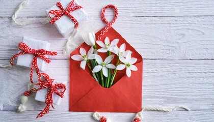 Wall Mural - Envelope with spring flowers snowdrops and red and white martinets, tassel cord, a symbol of the Martisor holiday, Baba Marta on a white wooden background. Greeting card.