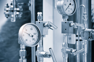 Poster - Stainless steel pipes in food or pharmaceutical or chemical industrial factory, industrial concept background