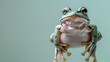 green frog jumping up in the air on the light green pastel background 