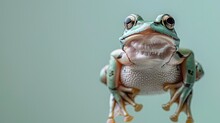 Green Frog Jumping Up In The Air On The Light Green Pastel Background 