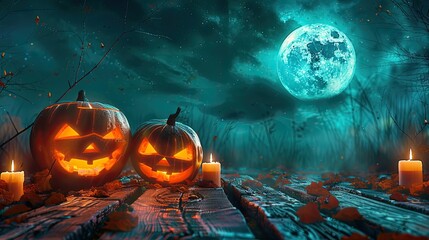 Wall Mural - halloween pumpkin head jack lantern with burning candles spooky forest with a full moon and wooden table pumpkins in graveyard in the spooky night halloween backdrop ai generative 