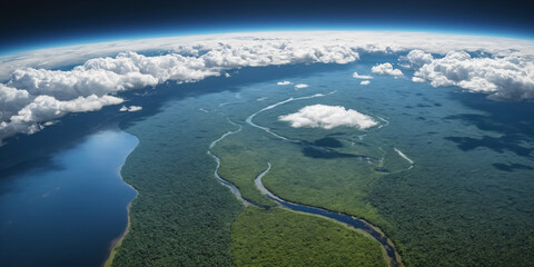 Wall Mural - Realistic Earth From Space Close Up Atmosphere Amazon Rain Forests Rivers Clouds and Ocean
