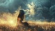 A profile of a woman is visible, sitting in a field of tall grass at dusk or dawn. She appears to be blowing out a cloud of smoke or breath, which swirls dramatically in the air, backlit by the warm g
