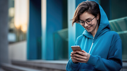 Poster - Smiling woman in blue clothes is using the phone outdoors